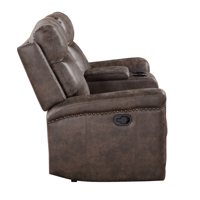 Pemberly Row Polyester Fabric Console Loveseat in Mocha with Cupholders