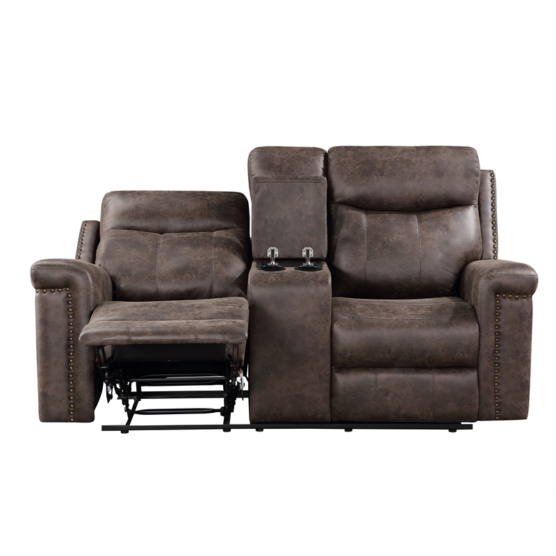 Pemberly Row Polyester Fabric Console Loveseat in Mocha with Cupholders