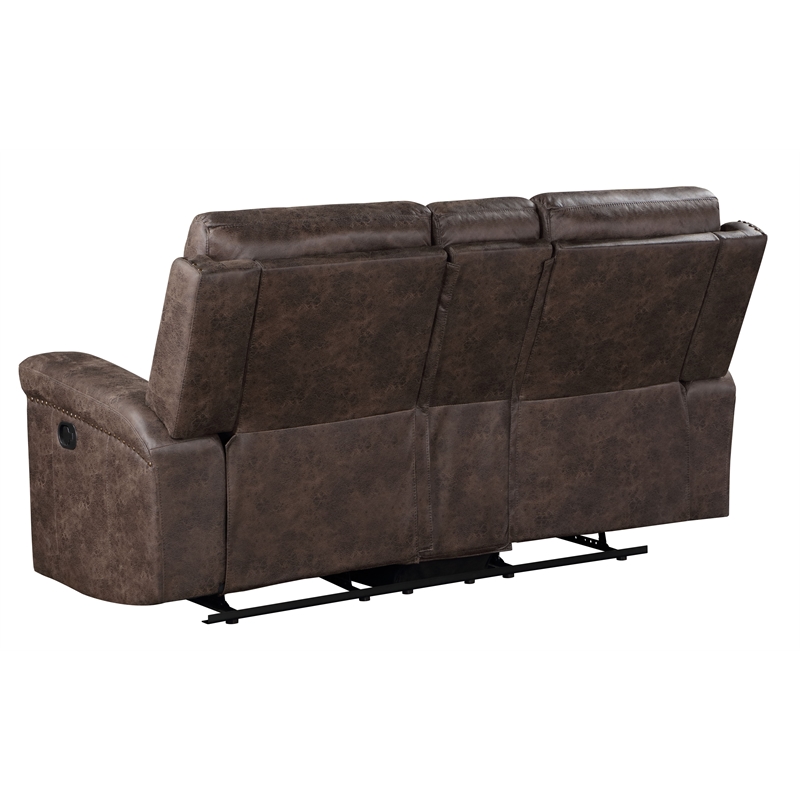 Pemberly Row Polyester Fabric Console Loveseat in Mocha with Cupholders