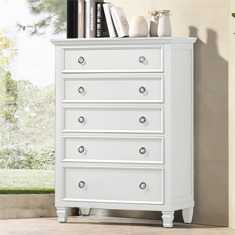 Pemberly Row Solid Wood 5-Drawer Chest in White Finish