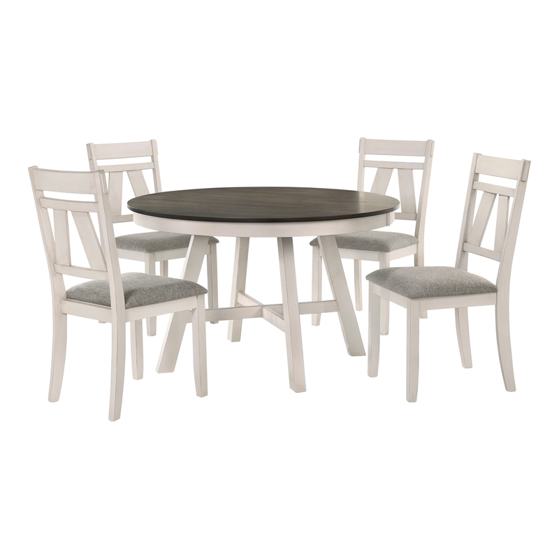 Pemberly Row 5-Piece Solid Wood Round Dining Table Set in White/Brown