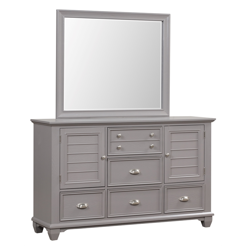 Pemberly Row Acacia Wood 5-Drawer Dresser & Mirror Transitional Gray