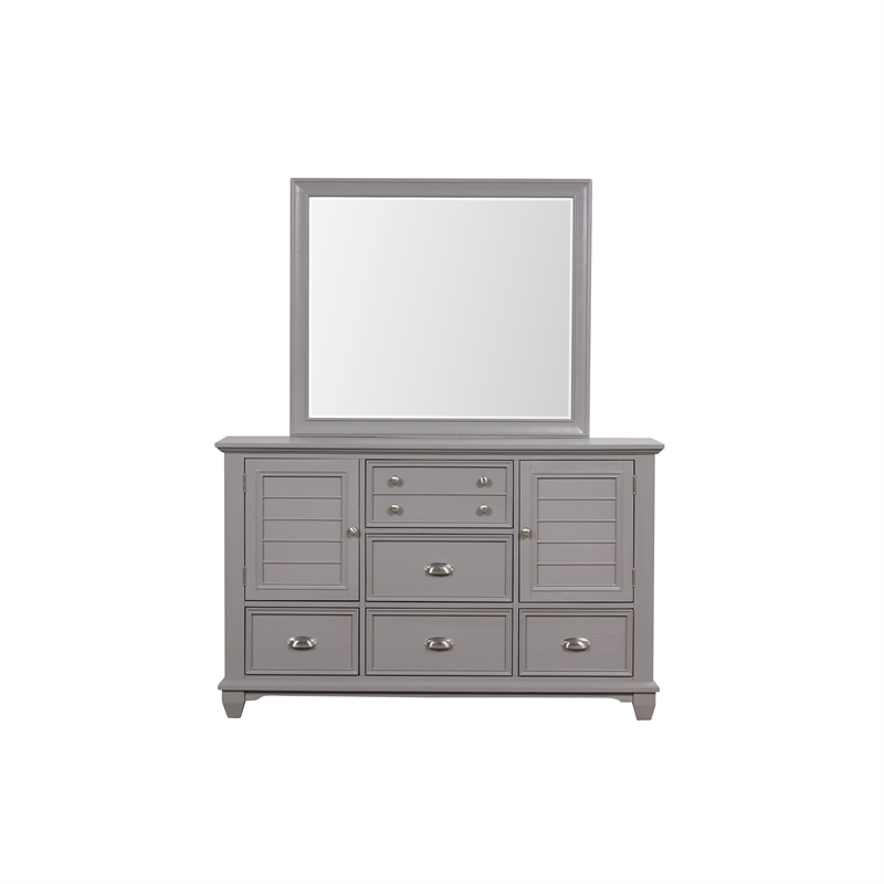 Pemberly Row Acacia Wood 5-Drawer Dresser & Mirror Transitional Gray