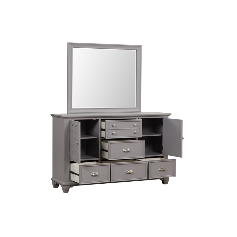 Pemberly Row Acacia Wood 5-Drawer Dresser & Mirror Transitional Gray