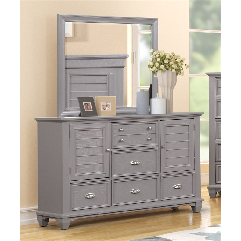 Pemberly Row Acacia Wood 5-Drawer Dresser & Mirror Transitional Gray