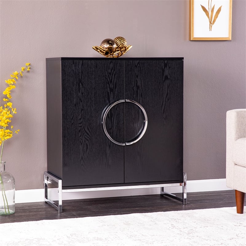 Pemberly Row Engineered Wood and Iron Black Wine Cabinet