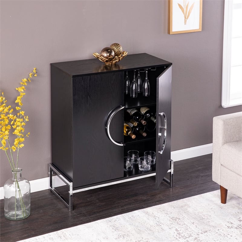 Pemberly Row Engineered Wood and Iron Black Wine Cabinet