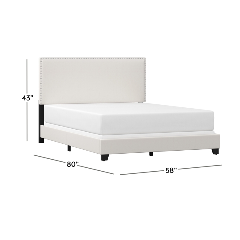 Pemberly Row Full Upholstered Bed in White Faux Leather with Nail Head Trim