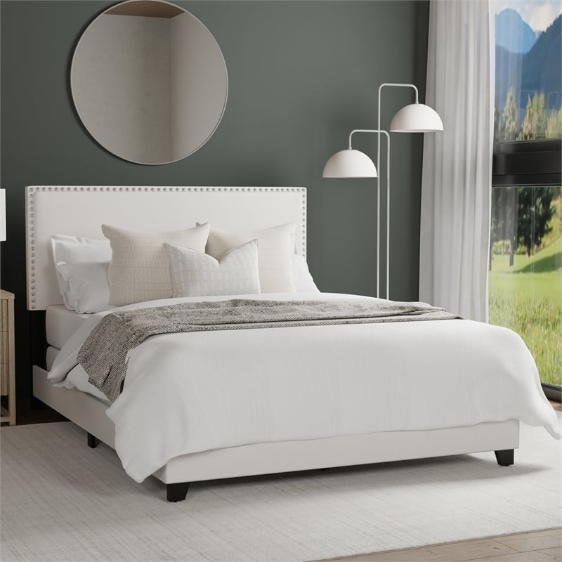 Pemberly Row Full Upholstered Bed in White Faux Leather with Nail Head Trim