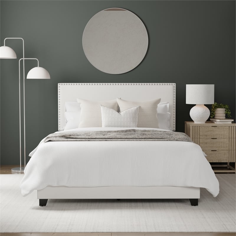 Pemberly Row Full Upholstered Bed in White Faux Leather with Nail Head Trim