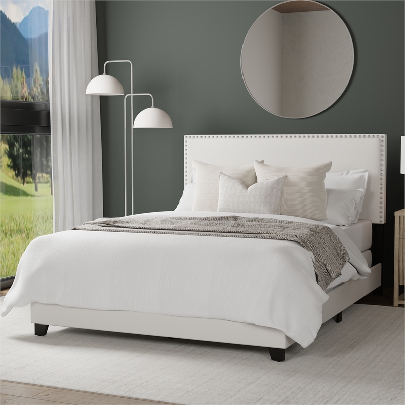 Pemberly Row Full Upholstered Bed in White Faux Leather with Nail Head Trim