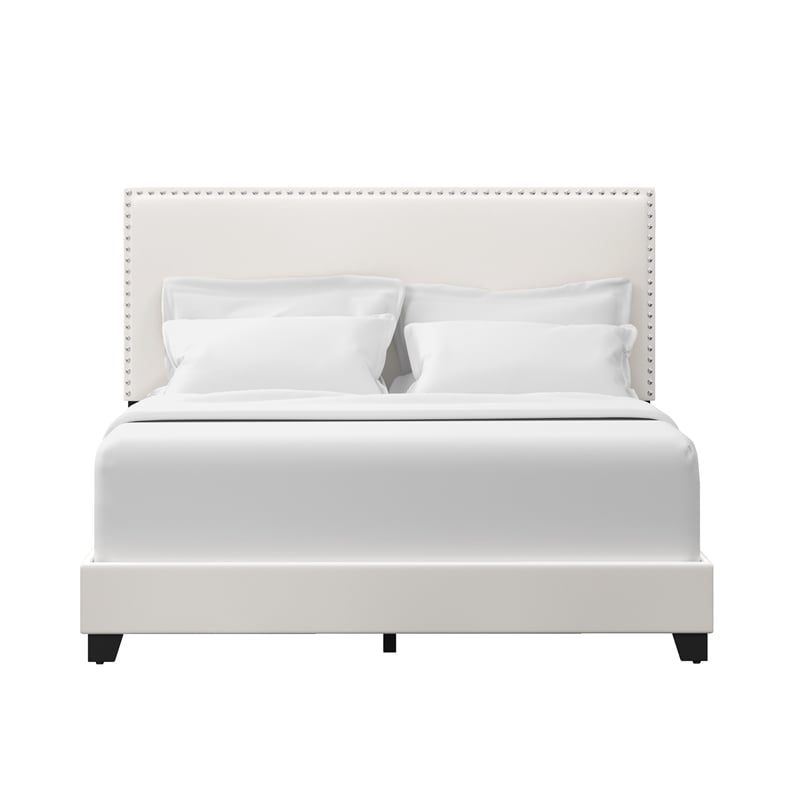 Pemberly Row Full Upholstered Bed in White Faux Leather with Nail Head Trim