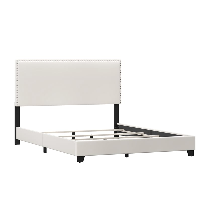 Pemberly Row Full Upholstered Bed in White Faux Leather with Nail Head Trim