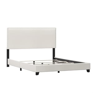 Pemberly Row Full Upholstered Bed in White Faux Leather with Nail Head Trim
