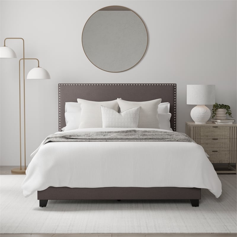 Pemberly Row Nail Head Trim Full Bed in Charcoal Gray Upholstery