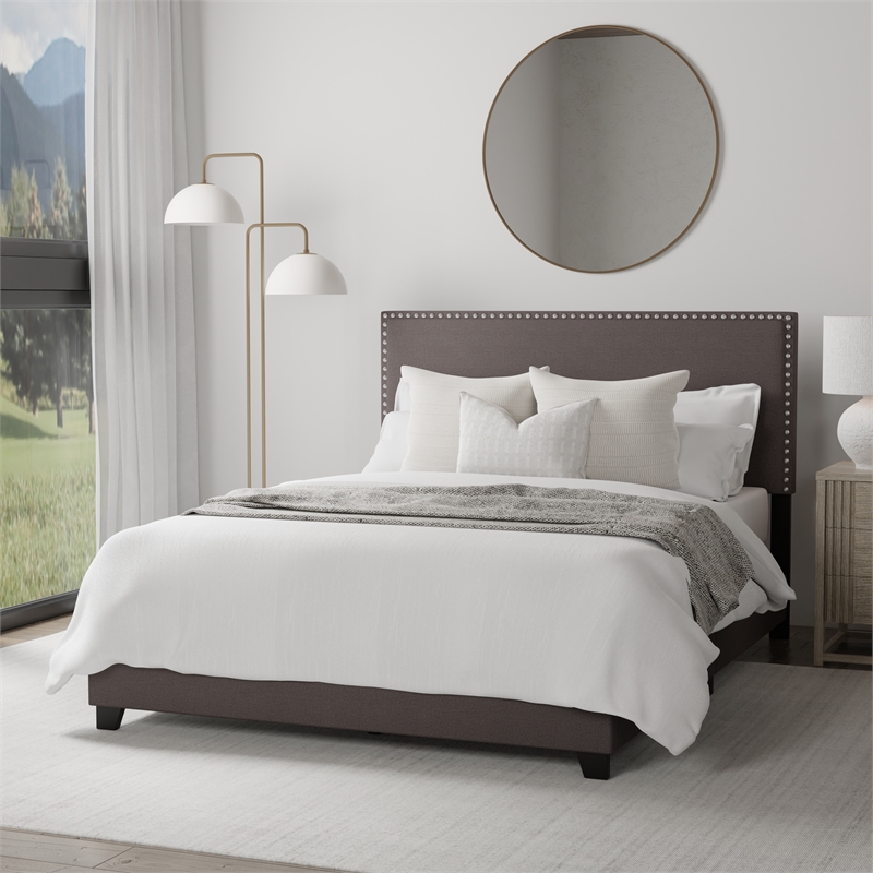 Pemberly Row Nail Head Trim Full Bed in Charcoal Gray Upholstery