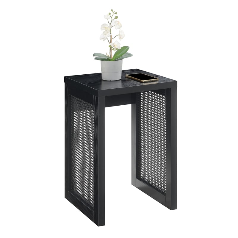 Pemberly Row Weave End Table in Black Wood with Boho Rattan Design