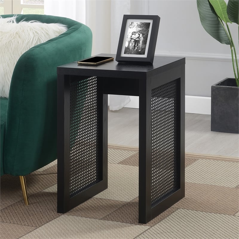 Pemberly Row Weave End Table in Black Wood with Boho Rattan Design
