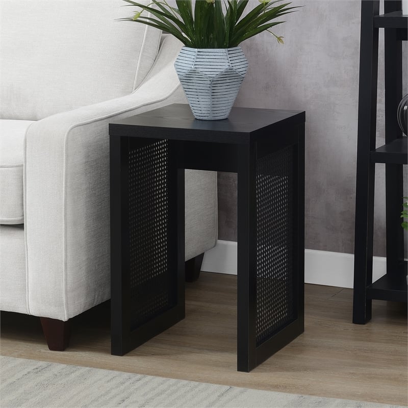 Pemberly Row Weave End Table in Black Wood with Boho Rattan Design