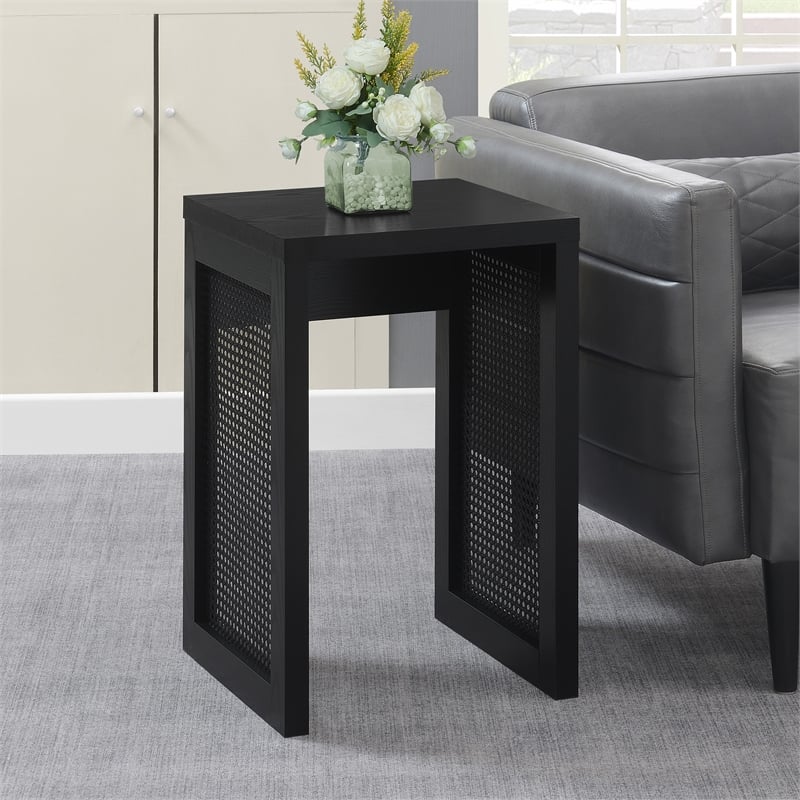 Pemberly Row Weave End Table in Black Wood with Boho Rattan Design