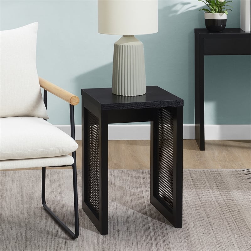 Pemberly Row Weave End Table in Black Wood with Boho Rattan Design