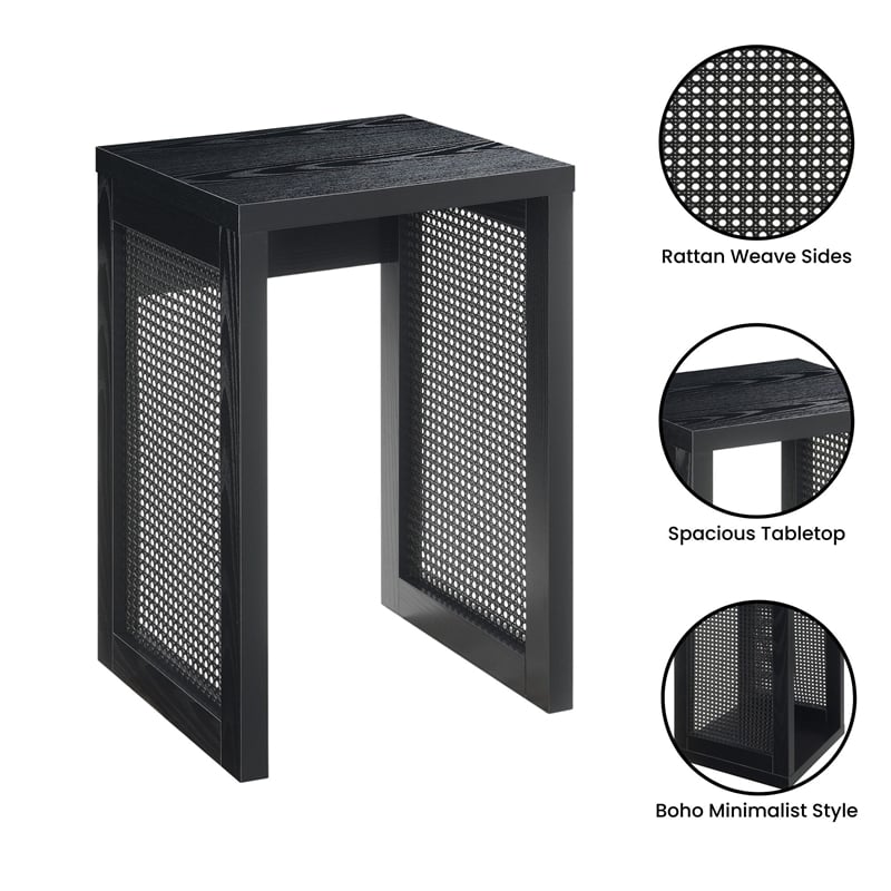 Pemberly Row Weave End Table in Black Wood with Boho Rattan Design