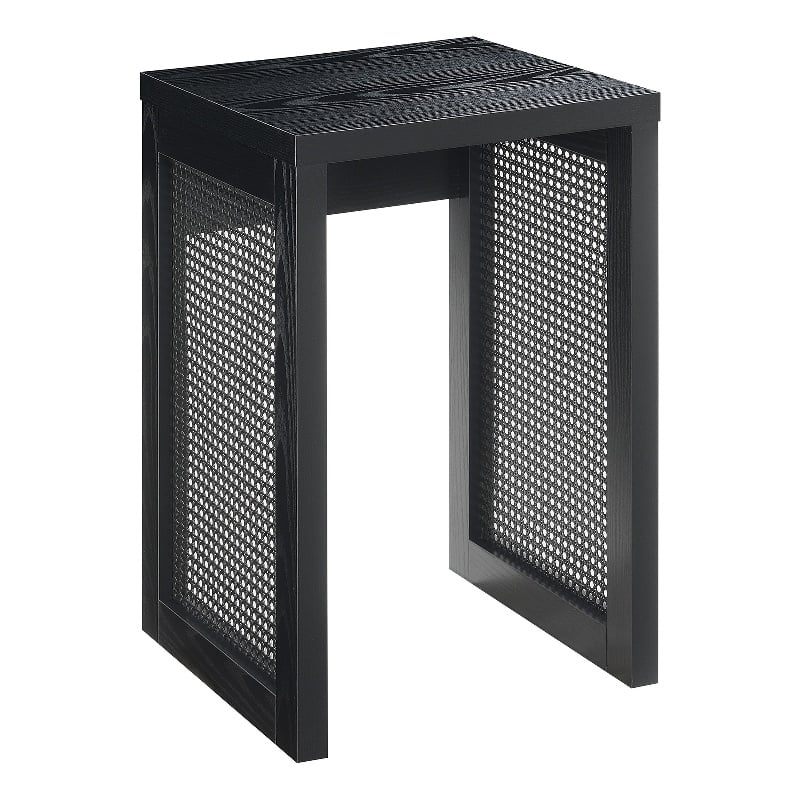Pemberly Row Weave End Table in Black Wood with Boho Rattan Design