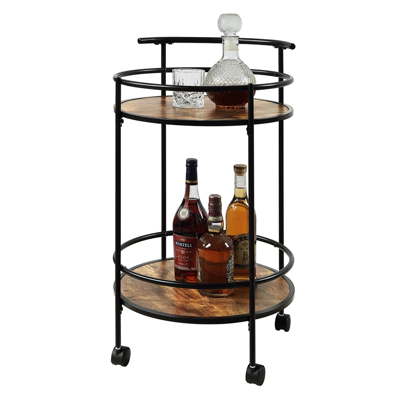 Pemberly Row Walnut and Black Metal Frame Bar Cart with Wheels