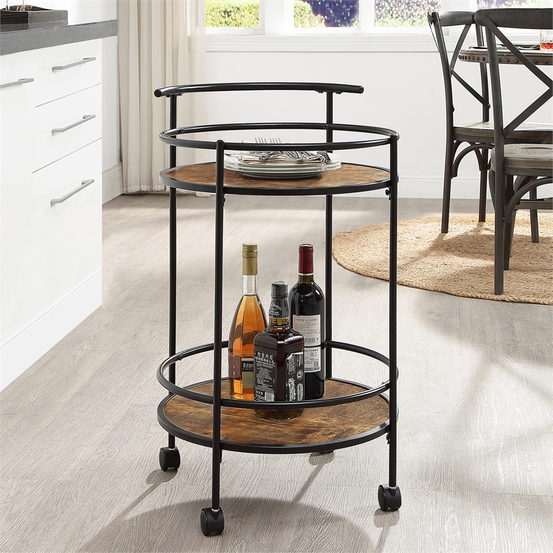 Pemberly Row Walnut and Black Metal Frame Bar Cart with Wheels