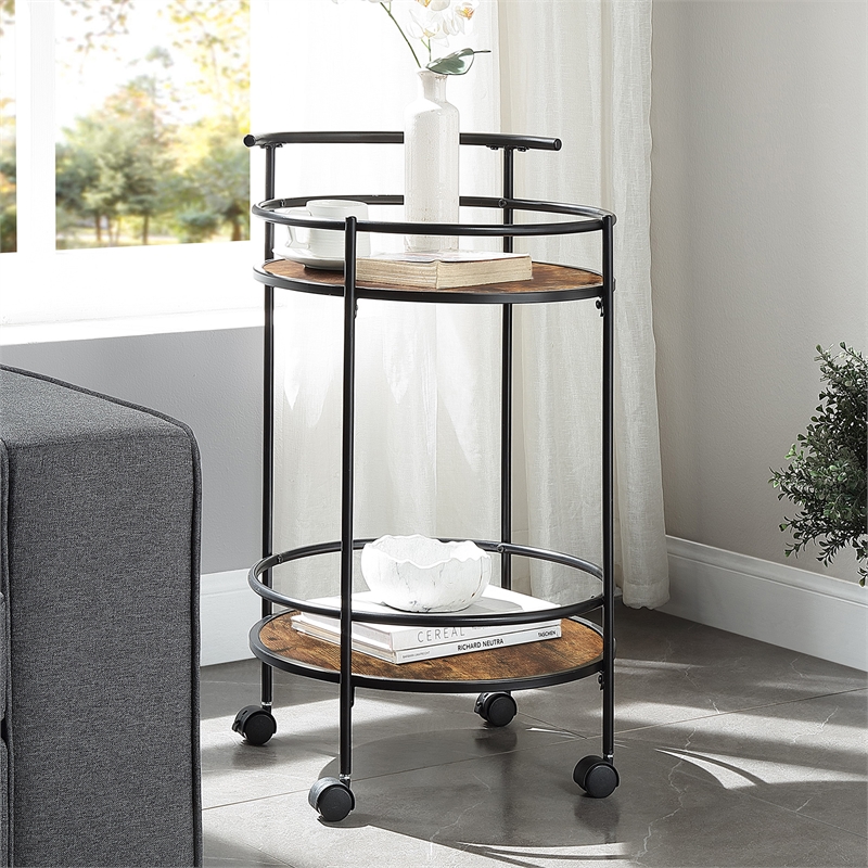 Pemberly Row Walnut and Black Metal Frame Bar Cart with Wheels