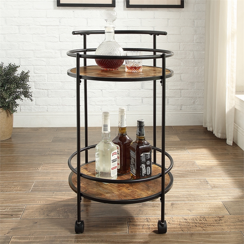 Pemberly Row Walnut and Black Metal Frame Bar Cart with Wheels