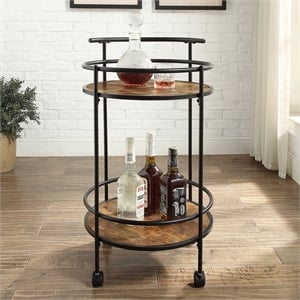 Pemberly Row Walnut and Black Metal Frame Bar Cart with Wheels