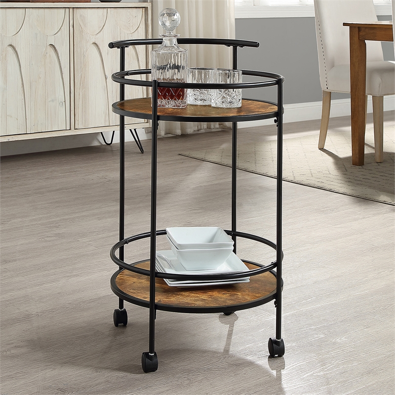 Pemberly Row Walnut and Black Metal Frame Bar Cart with Wheels