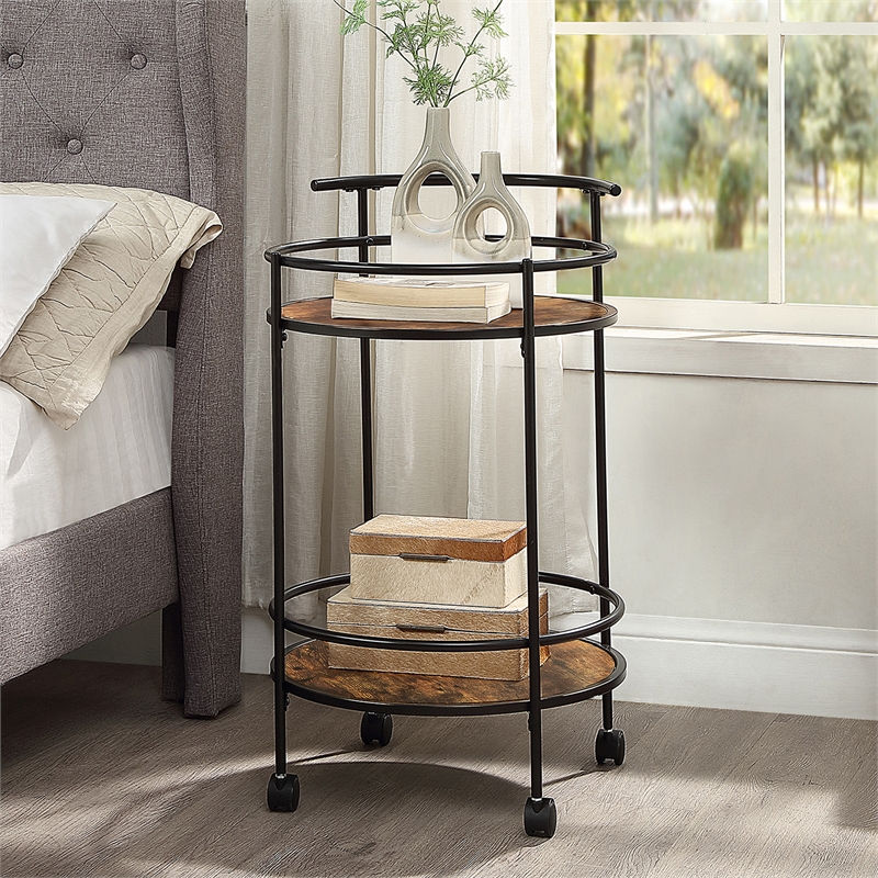 Pemberly Row Walnut and Black Metal Frame Bar Cart with Wheels