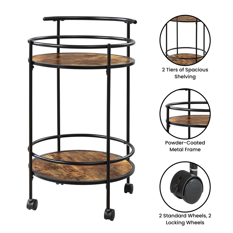 Pemberly Row Walnut and Black Metal Frame Bar Cart with Wheels