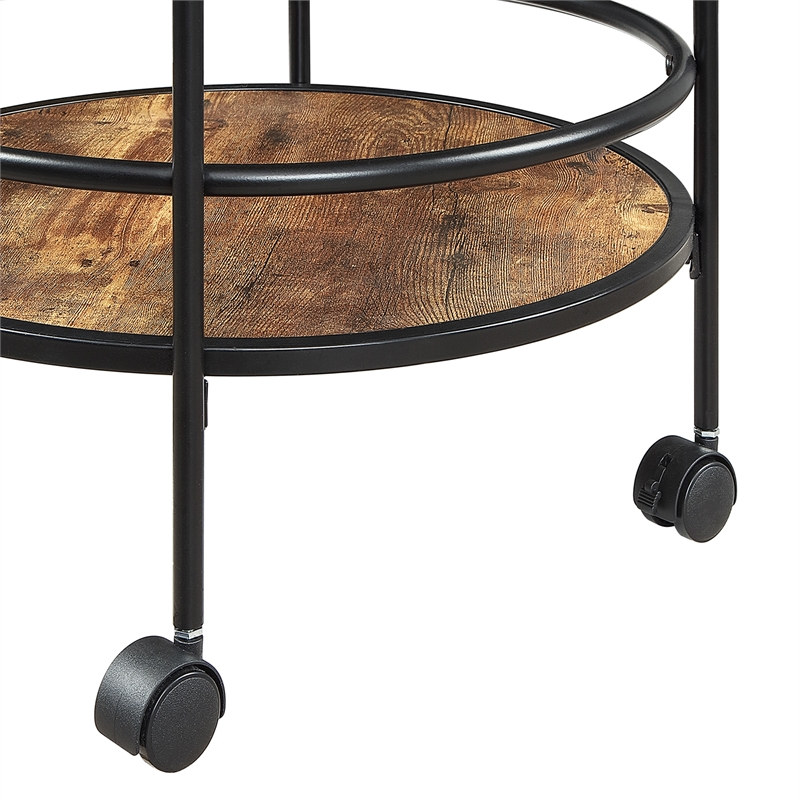 Pemberly Row Walnut and Black Metal Frame Bar Cart with Wheels