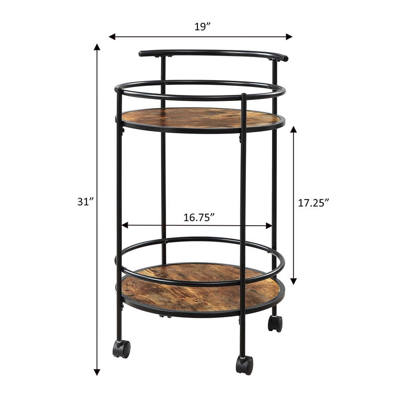 Pemberly Row Walnut and Black Metal Frame Bar Cart with Wheels