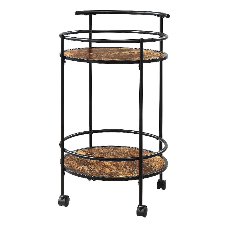 Pemberly Row Walnut and Black Metal Frame Bar Cart with Wheels