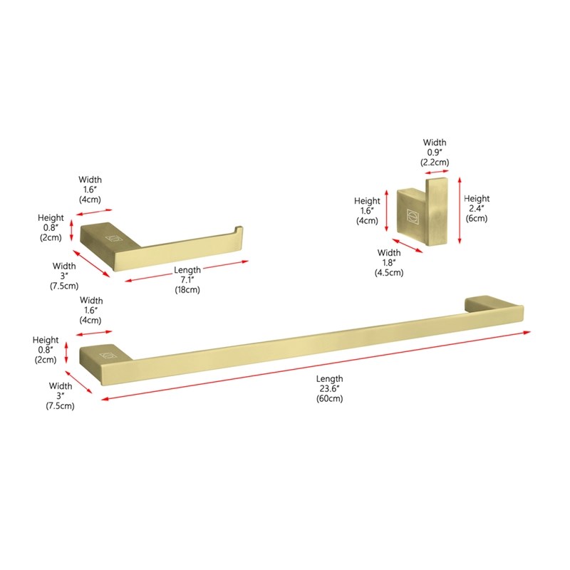 Pemberly Row 3-Pc Stainless Steel Bathroom Hardware Set in Brushed Gold