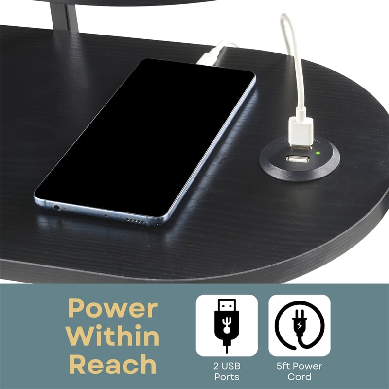 Pemberly Row Simon Chairside End Table w/USB Ports in Black Wood Finish