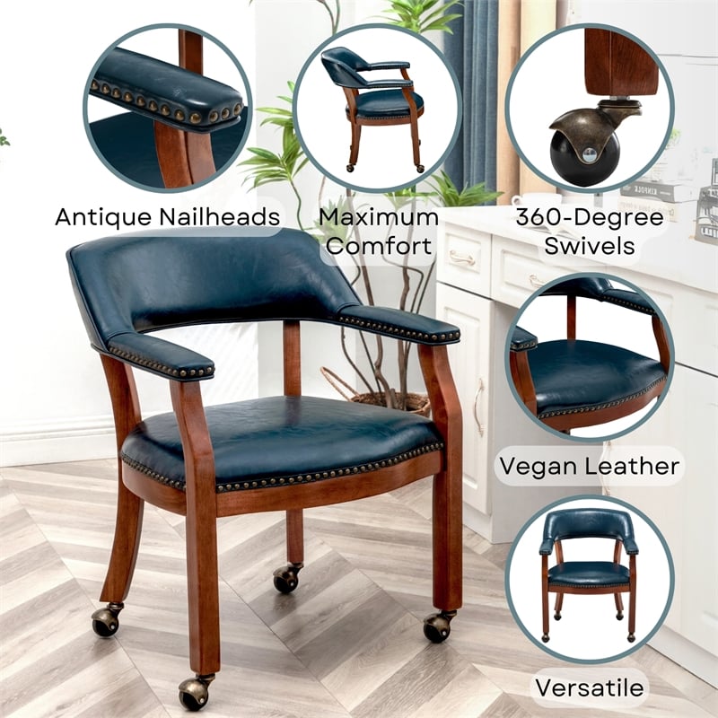 Pemberly Row Vegan Leather U-Back Armchair with Wheels in Blue