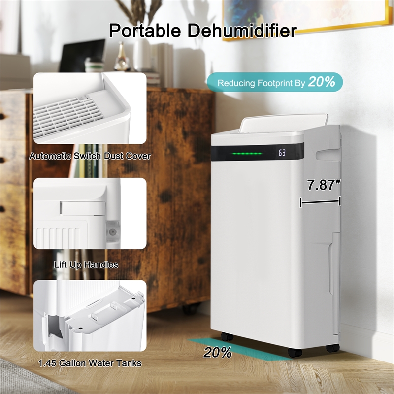 Pemberly Row 19-Pint Ultra-Thin White Dehumidifier for 500 Sq Ft with 5 Modes