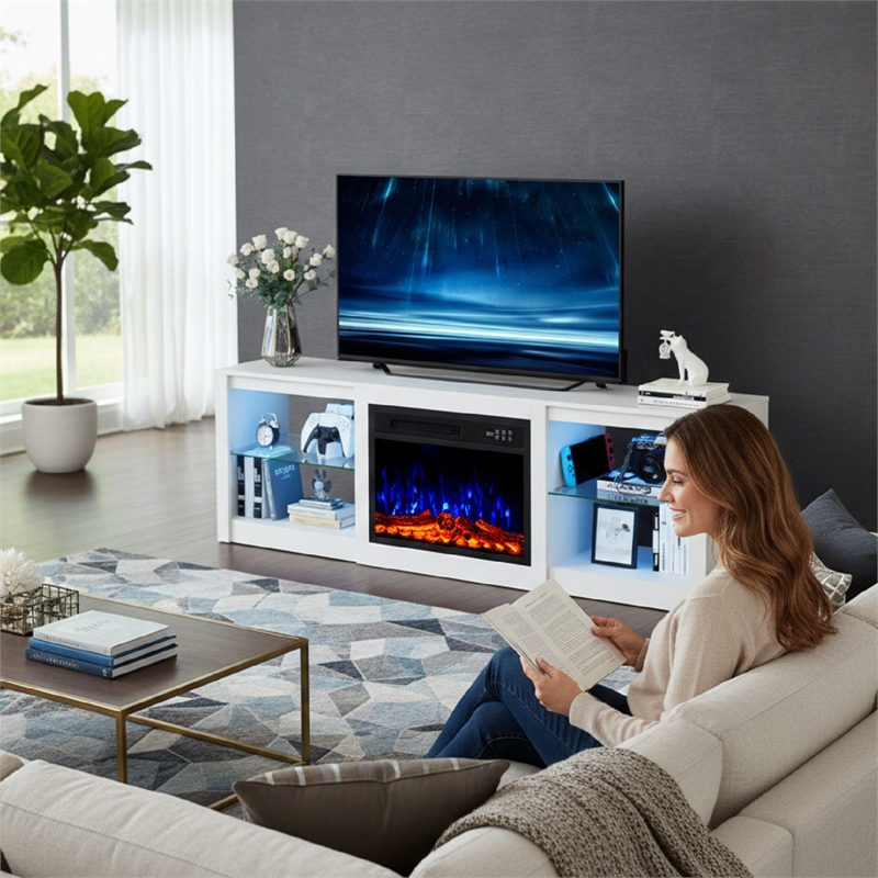Pemberly Row White Fireplace TV Stand with Matte Marble Top for TVs up to 65
