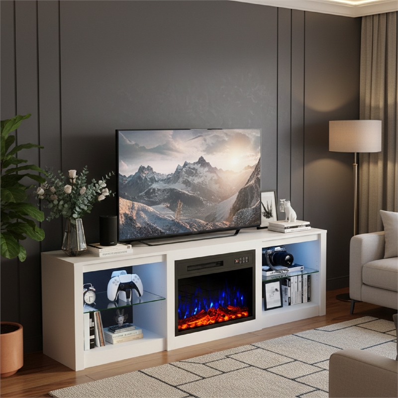 Pemberly Row White Fireplace TV Stand with Matte Marble Top for TVs up to 65