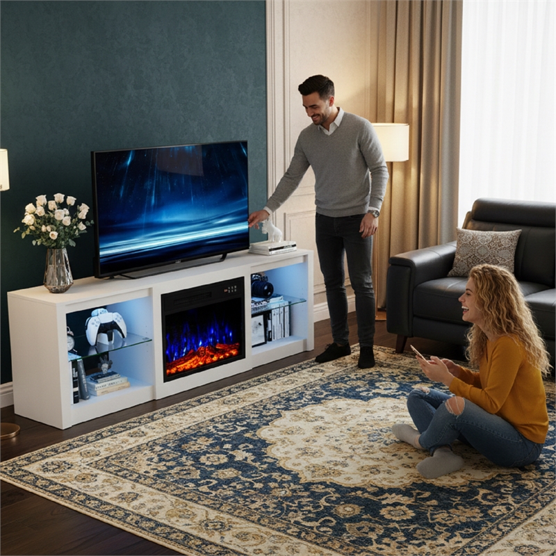 Pemberly Row White Fireplace TV Stand with Matte Marble Top for TVs up to 65