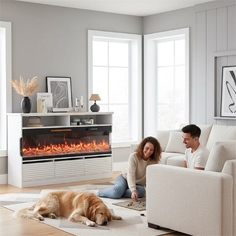 Pemberly Row White TV Stand with 50-Inch Electric Fireplace for 65-Inch TVs