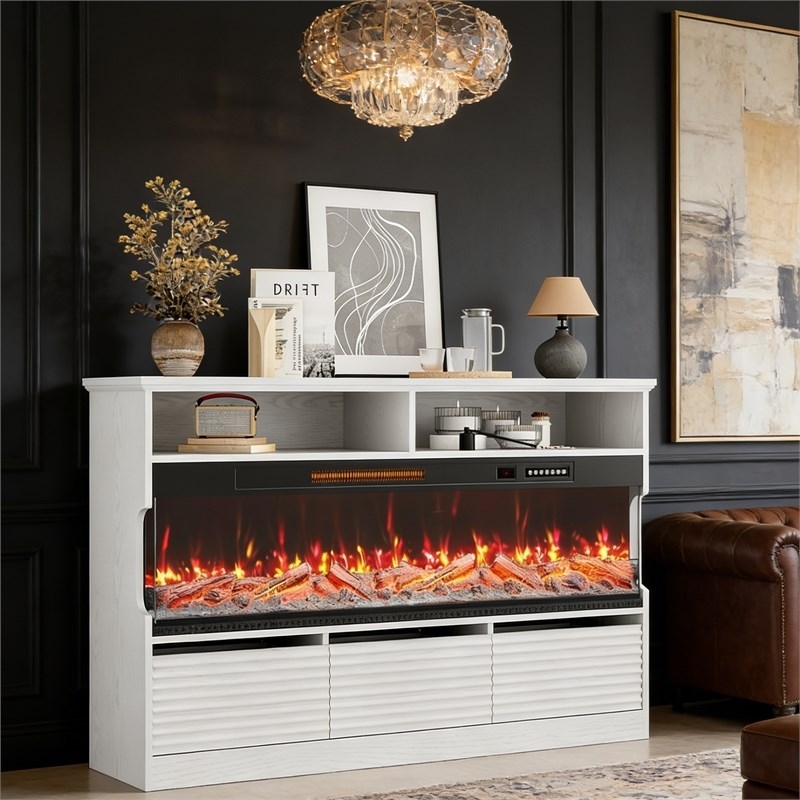 Pemberly Row White TV Stand with 50-Inch Electric Fireplace for 65-Inch TVs