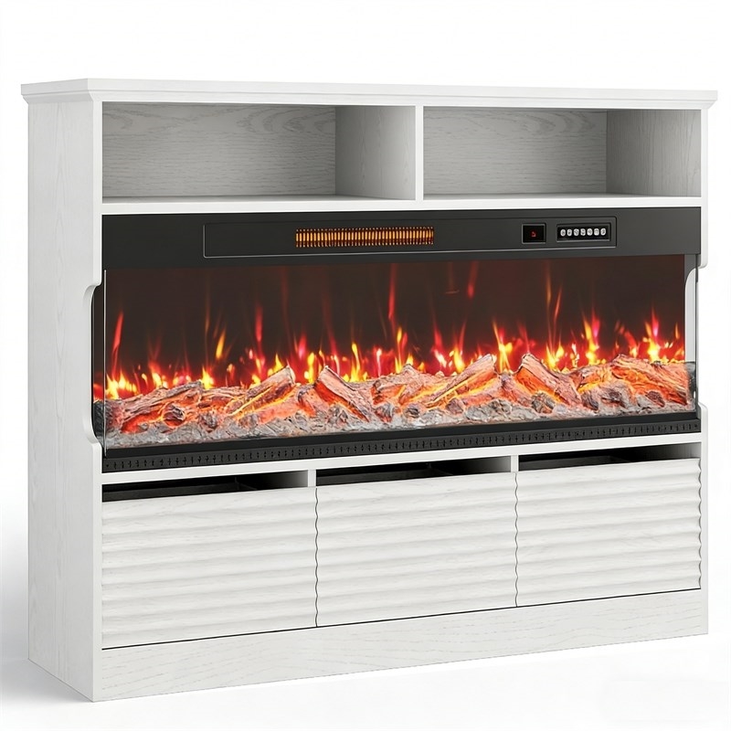 Pemberly Row White TV Stand with 50-Inch Electric Fireplace for 65-Inch TVs