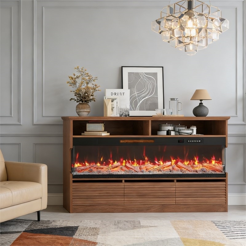 Pemberly Row Brown TV Stand with 50-Inch Electric Fireplace for 65