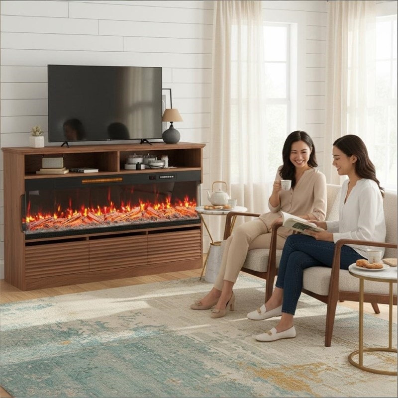 Pemberly Row Brown TV Stand with 50-Inch Electric Fireplace for 65